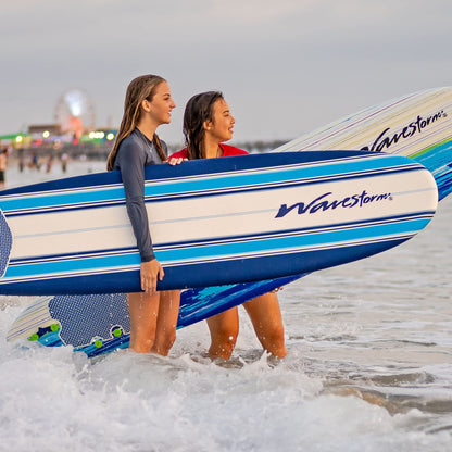 Wavestorm - Classic Soft Top Foam 7ft Surfboard Surfboard for Beginners and All Surfing Levels Complete Set Includes Leash and Multiple Fins Heat Laminated, Blue Pinline (AZ22-WSSF700-PIN)
