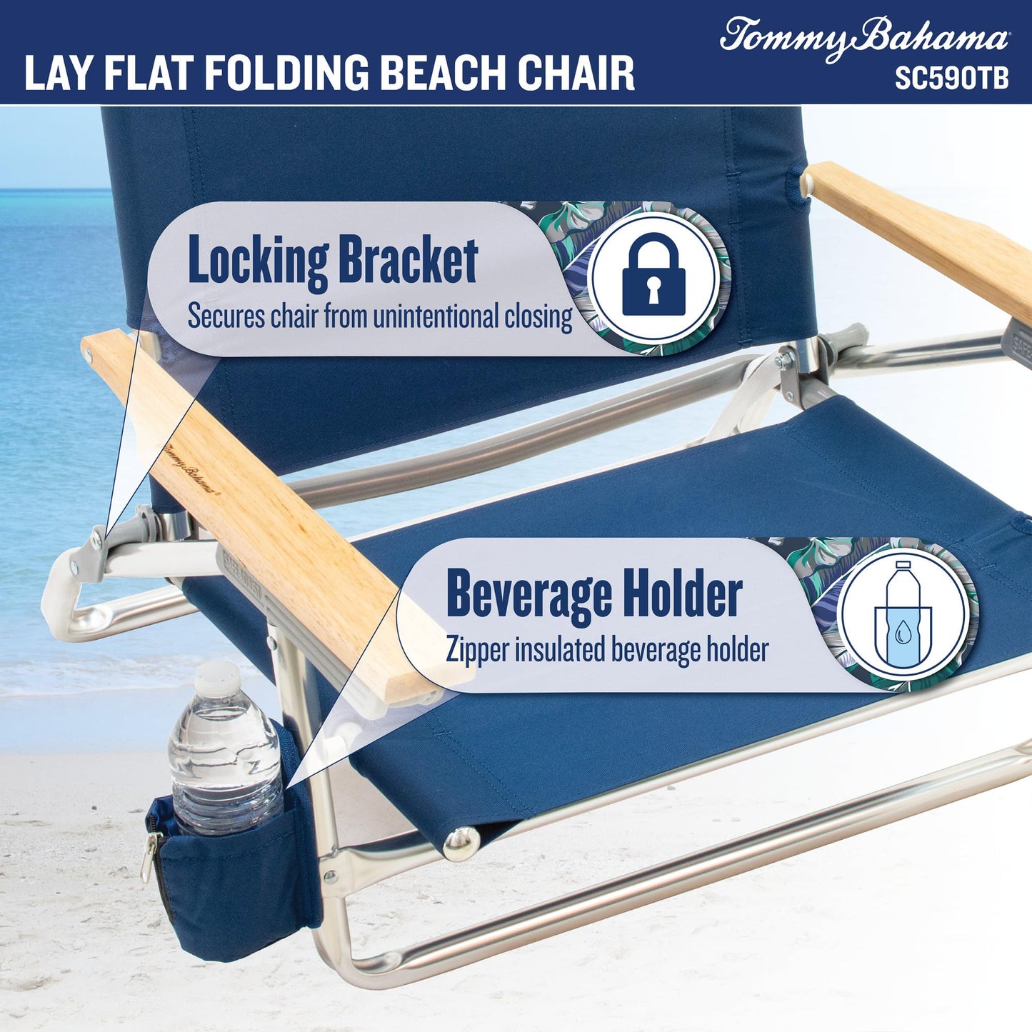 Tommy Bahama 5-Position Lay Flat Cup Holder and Towel Bar Beach Chair, 1-Pack, Turquoise Check