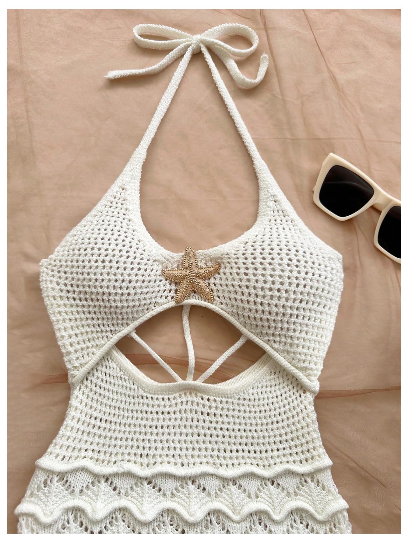GORGLITTER Women's Crochet Halter Knit Bubble Backless Dresses Summer Vacation Festival Cruise Hawaii Beach Outfits White Textured Large