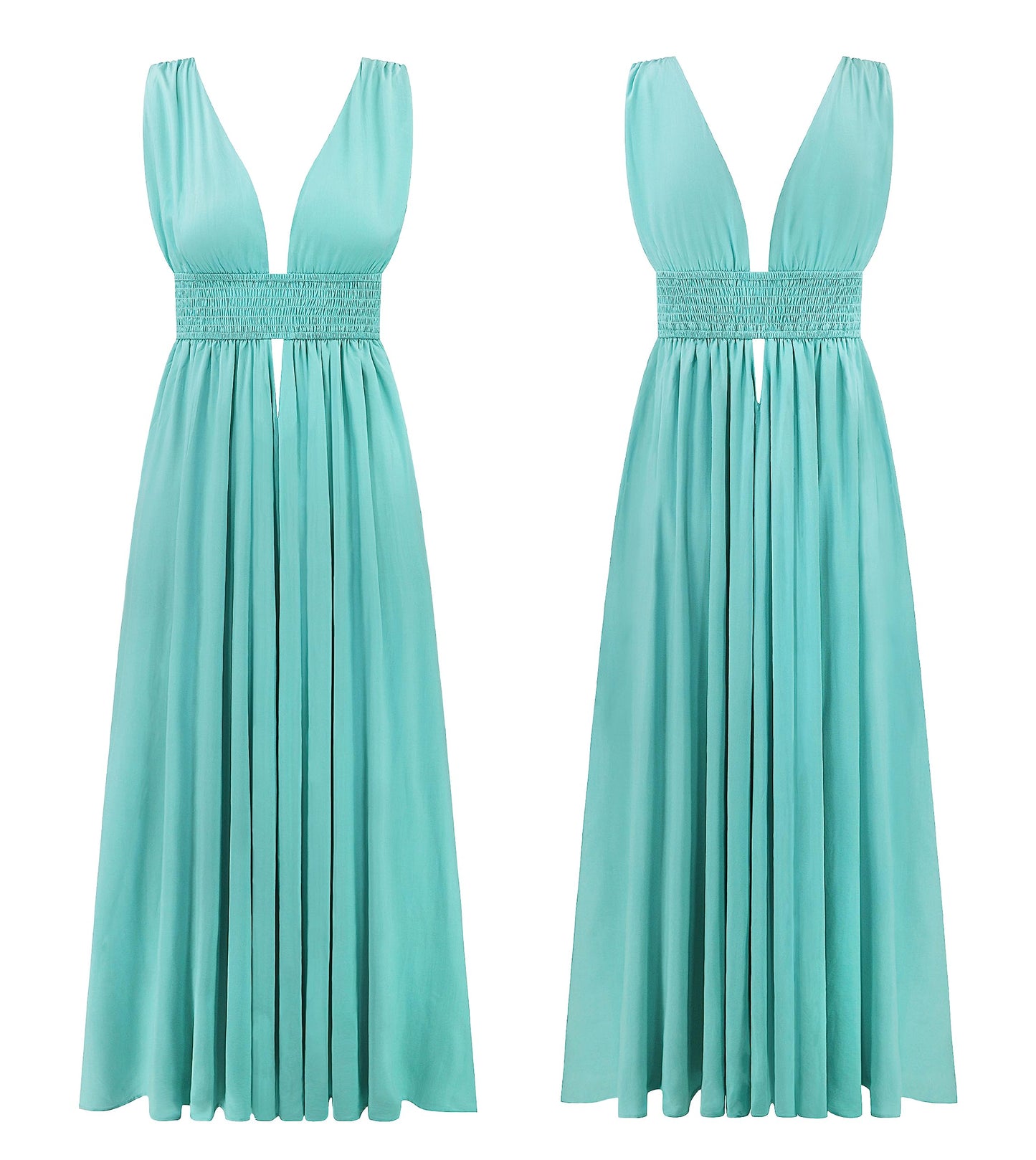 R.Vivimos Boho Dress for Women Sexy Deep V Neck Sleeveless Hollow Out Backless Casual Side Slit Maxi Dress (Small, Turquoise)