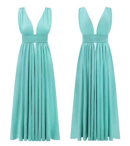 R.Vivimos Boho Dress for Women Sexy Deep V Neck Sleeveless Hollow Out Backless Casual Side Slit Maxi Dress (Small, Turquoise)