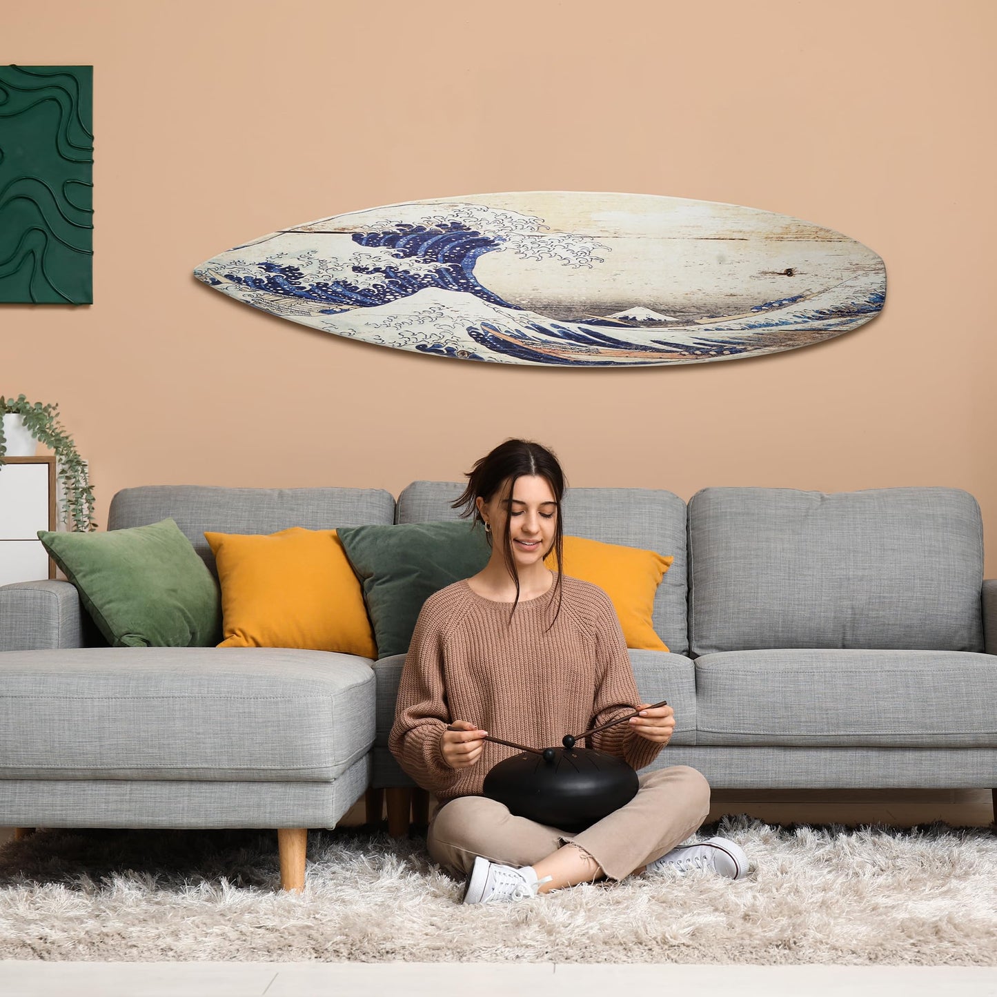 American Art Decor Surfboard Plaque Wall Sign - Beach House Wall Art - Large Tropical/Coastal Home Decor for Living Room, Bedroom, Bathroom, Patio, or Bar (The Great Wave off Kanagawa Wood, 60"x15")