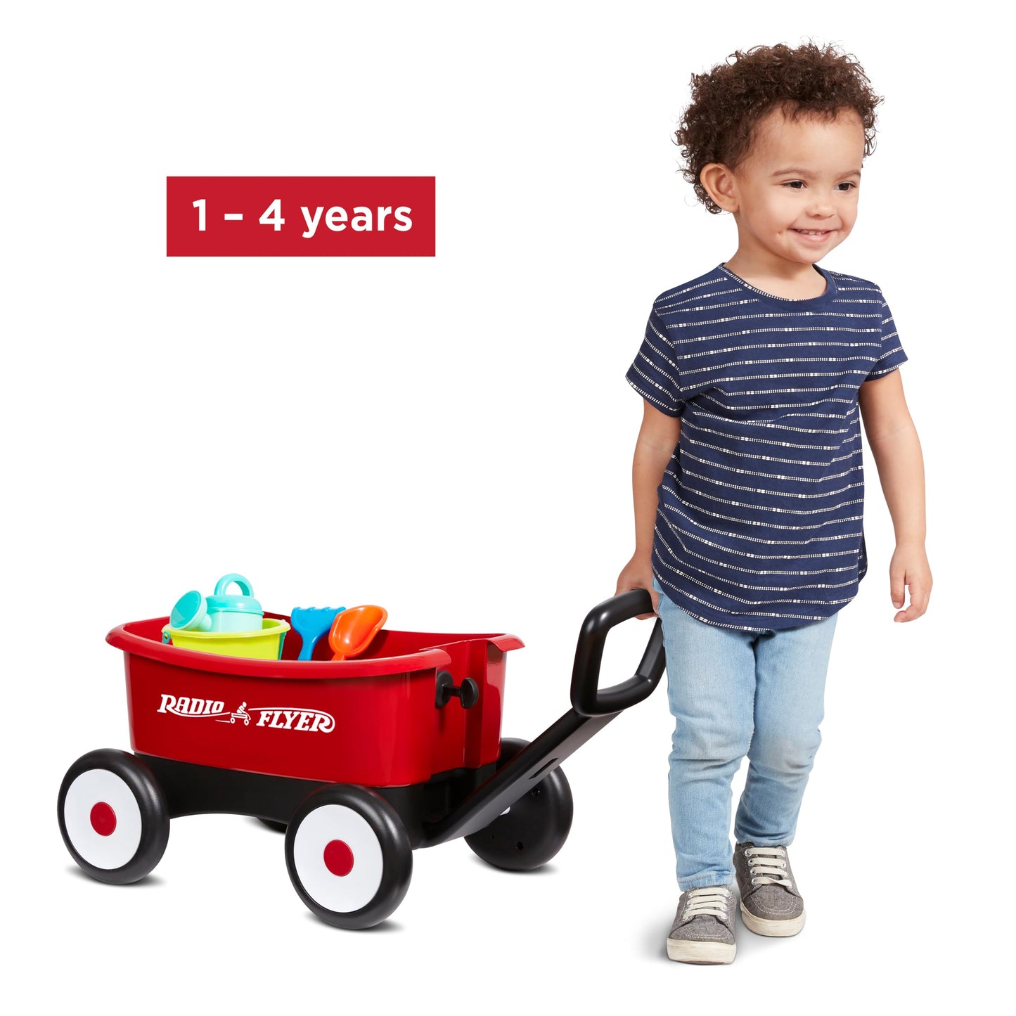 Radio Flyer My 1st Wagon 2-in-1 Walker & Pull Wagon with Beach and Garden Tools for Toddlers Ages 1-4, Red