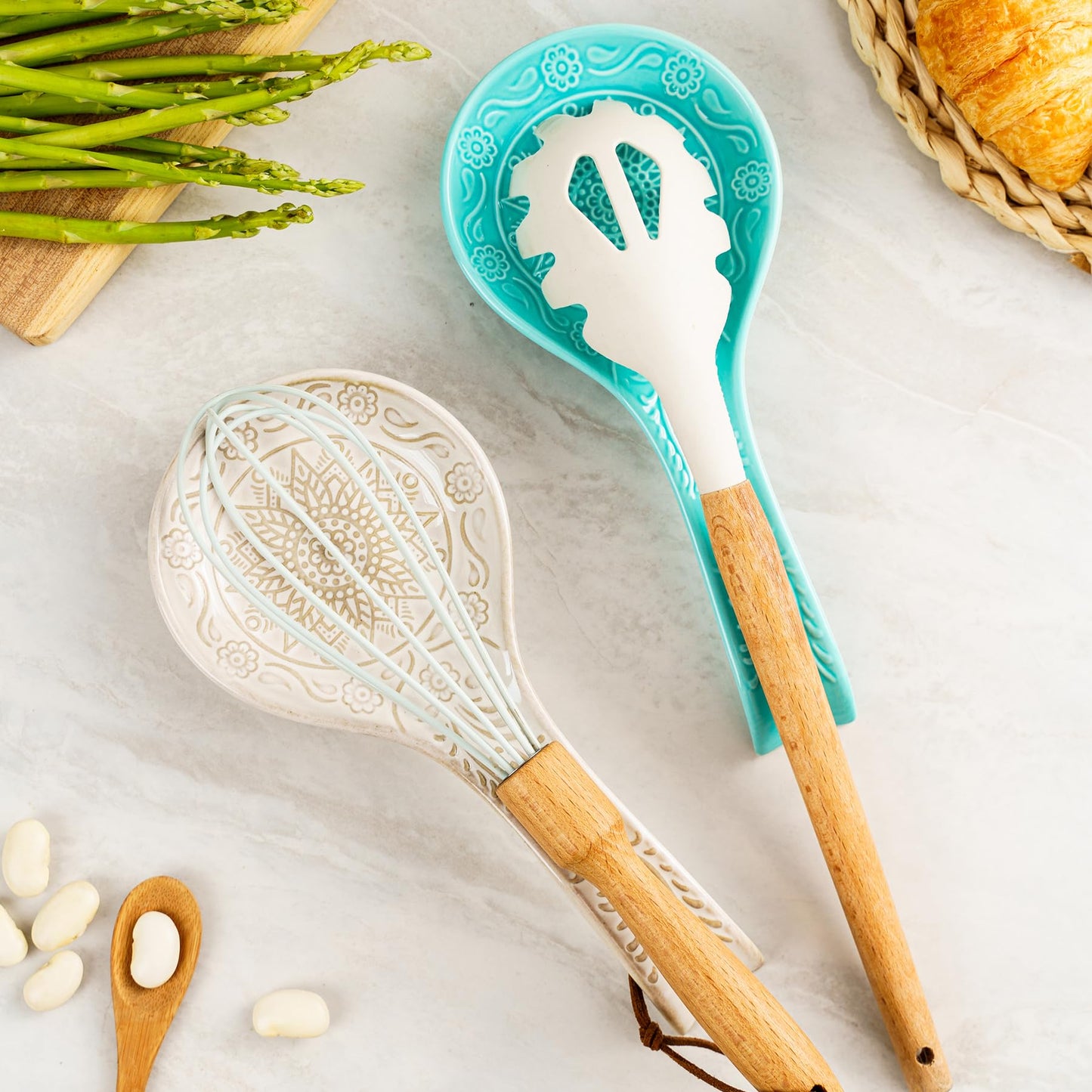 Ceramic Spoon Rest, 9 Inches Large Spoon Holder for Kitchen Counter, Kitchen Accessories, Dishwasher Safe, Turquoise