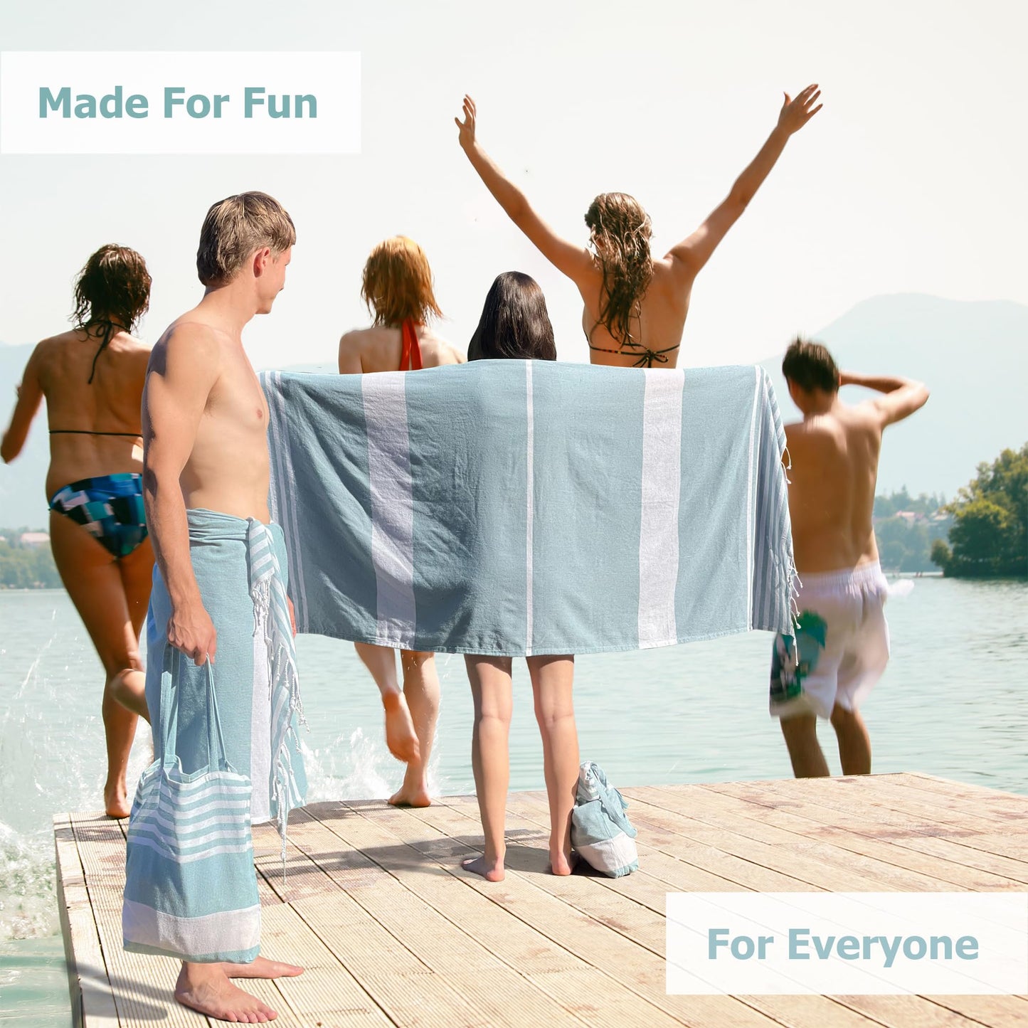 Cohzi Turkish Beach Towel and Tote - Lightweight Beach Bag and Turkish Towel Set. Pool Towel and Carry Bag. Great for Travel, Picnic, Summer Essentials. Aqua