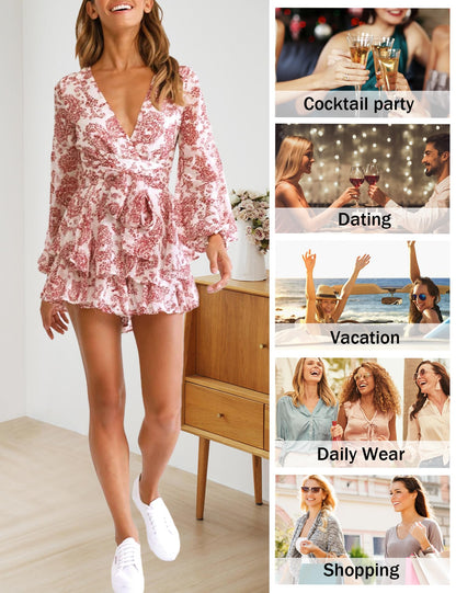 Relipop Women's Romper Floral Print V Neck Baggy Sleeve Waist Tie Layered Ruffle Hem Short Casual Summer Rompers Jumpsuits