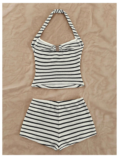 MakeMeChic Women's Summer 2 Piece Sets Striped Halter Tank Tops Mini Shorts Set Beach Vacation Outfits Black White Medium