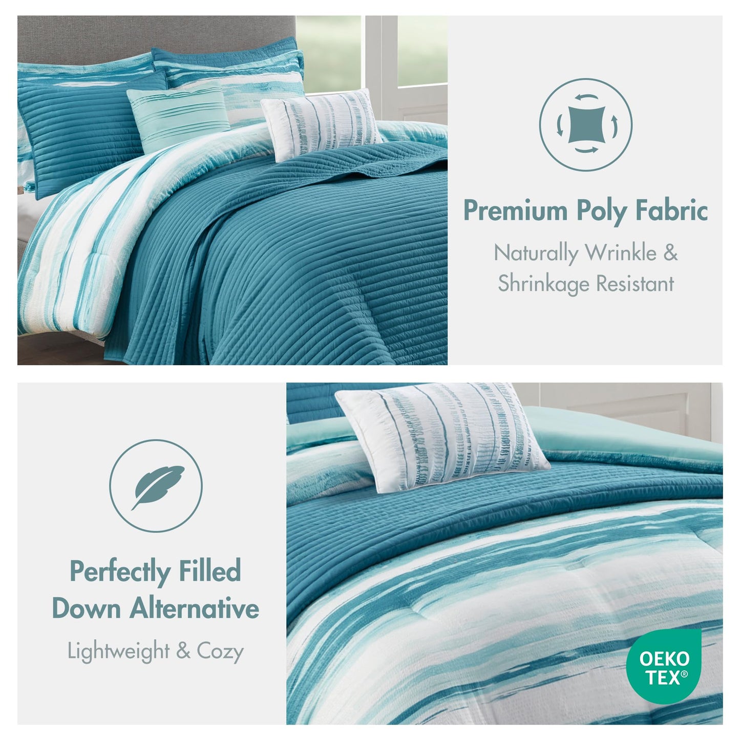 Madison Park Marina Comforter Quilt Combo Set - Modern Luxury Design, All Season Down Alternative Bedding, Matching Shams, Decorative Pillows, King/Cal King(104"x92"), Aqua 8 Piece