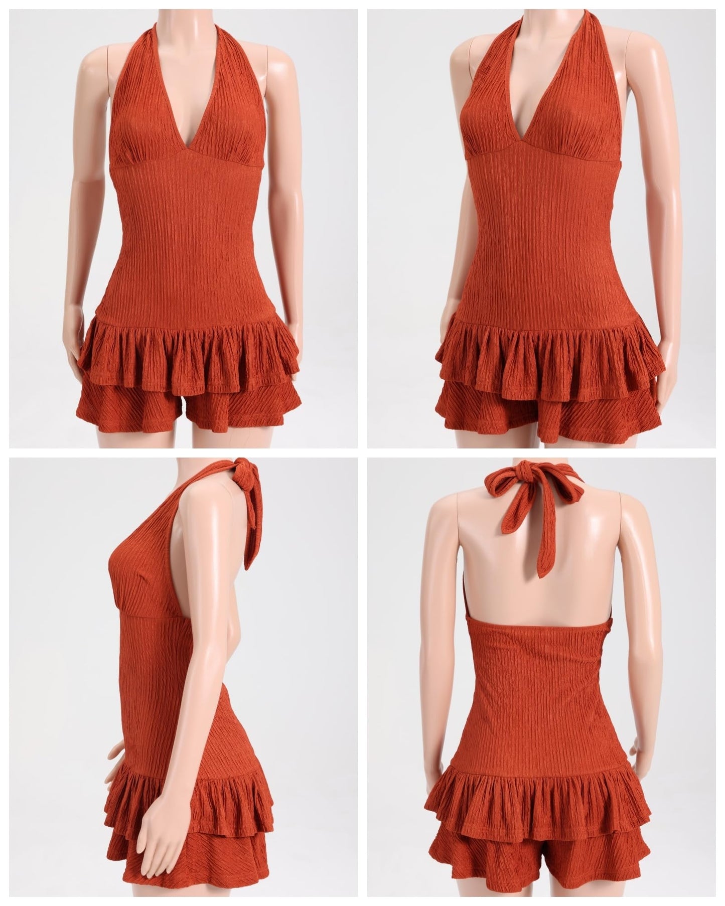 ECHOINE Women Halter Romper Deep V Neck Ruffled Short Jumpsuit Beach Vacation Outfit Black S