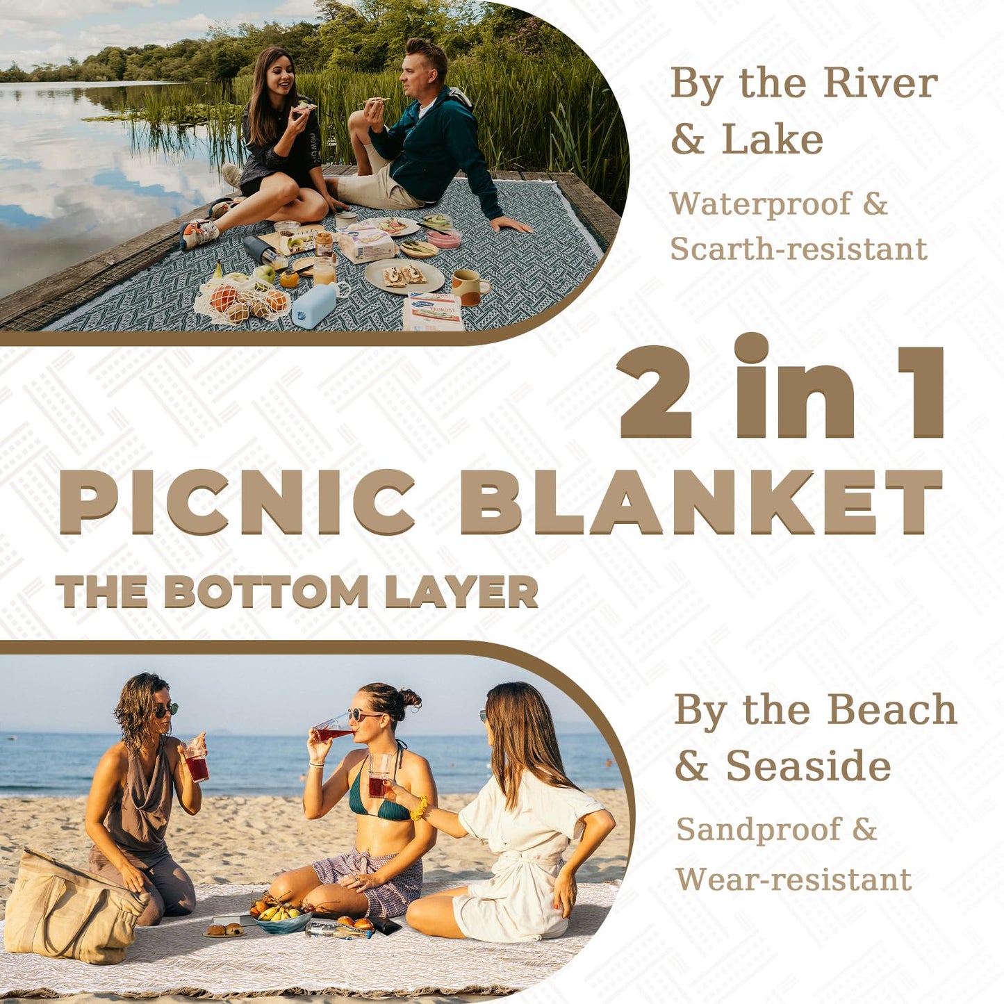 Genovega 2 in 1 Extra Large 80"* 80" Picnic Blankets Waterproof Outdoor Beach Blanket Foldable Camping Mat Supplies Europe Travel Accessories Hawaii Necessities Hiking Items Yellow