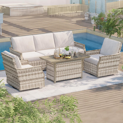 MELLCOM 4 Pieces Outdoor Patio Furniture Set with Swivel Chairs, All Weather Rattan Wicker Patio Conversation Set with 3-Seater Sofa, Coffee Table for Patio, Balcony, Porch, Deck