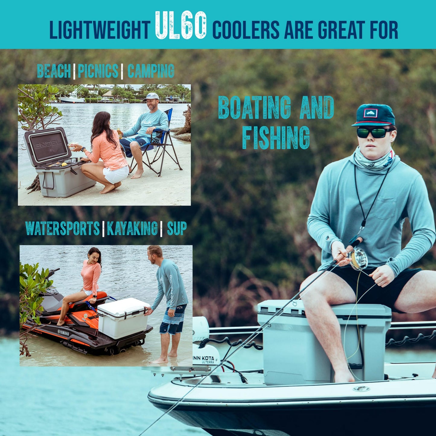 ENGEL 60 QT Ultra-Light Injection Molded Cooler - Ice Chest Keeps Ice up to 7 Days - Large Cooler Includes Wire Basket, Divider and Built-in Bottle Opener - Seafoam with Dark Grey Interior (Seafoam)