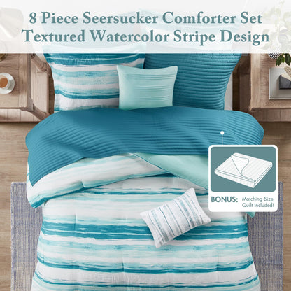 Madison Park Marina Comforter Quilt Combo Set - Modern Luxury Design, All Season Down Alternative Bedding, Matching Shams, Decorative Pillows, King/Cal King(104"x92"), Aqua 8 Piece