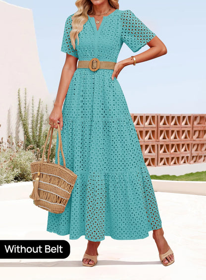ZESICA Women's 2026 Summer Short Sleeve Maxi Dress Casual V Neck Hollow Out Eyelet Ruffle Swing A Line Long Dresses,Aqua,Large