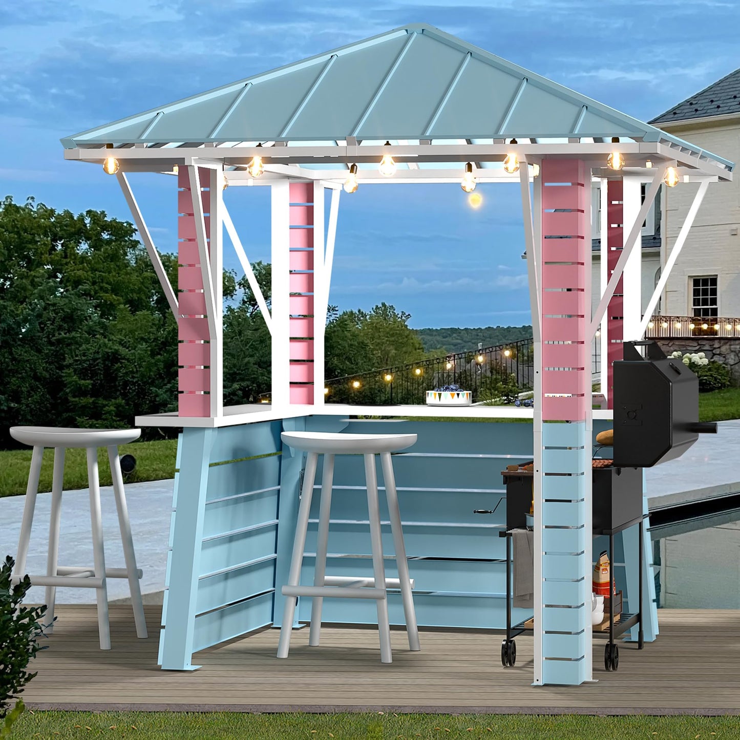 Modern Shade Permanent Coastal Dream Outdoor Bar, Grill Gazebo with USB Charging Socket and Hooks, Outdoor Gazebo with 2 Open Sides, Galvanized Steel Pavilion for Swimming Pool, Backyard, BBQ, Party