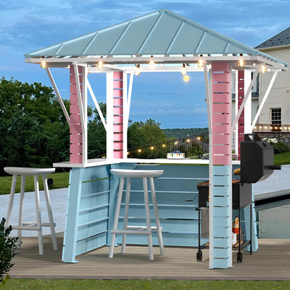Modern Shade Permanent Coastal Dream Outdoor Bar, Grill Gazebo with USB Charging Socket and Hooks, Outdoor Gazebo with 2 Open Sides, Galvanized Steel Pavilion for Swimming Pool, Backyard, BBQ, Party