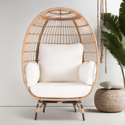 Outdoor Egg Chair, PE Wicker Chair 440 lbs Capacity, Patio Chairs with 4 Thicken Cushions, Oversized Lounge Chairs with Durable Steel Frame Perfect for Balcony, Backyard, Bedroom-Ivory