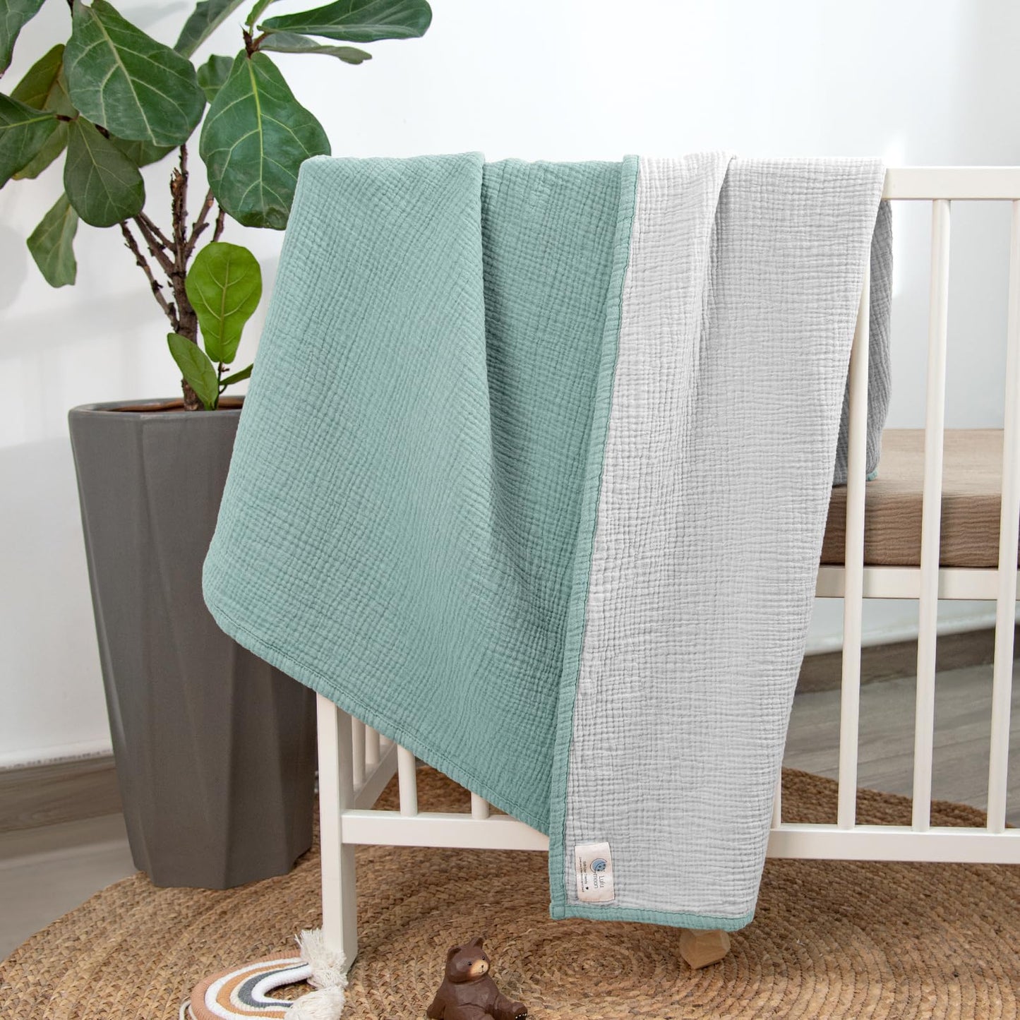 lulumoon Muslin Baby Blanket - Cotton Quilt Blankets for Toddlers - Reversible Nursery Crib Blanket for Baby Boys and Girls 47"x47"(Sage)