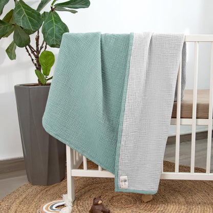 lulumoon Muslin Baby Blanket - Cotton Quilt Blankets for Toddlers - Reversible Nursery Crib Blanket for Baby Boys and Girls 47"x47"(Sage)