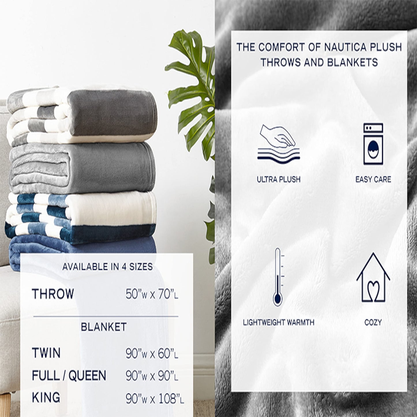 Nautica - Blanket, Ultra-Soft Plush Fleece Blanket for Bed or Couch, Lightweight Micro Flannel Throw Blanket for Year Round Comfort (Awning Stripe Blue, 50" x 60")