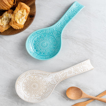 Ceramic Spoon Rest, 9 Inches Large Spoon Holder for Kitchen Counter, Kitchen Accessories, Dishwasher Safe, Turquoise