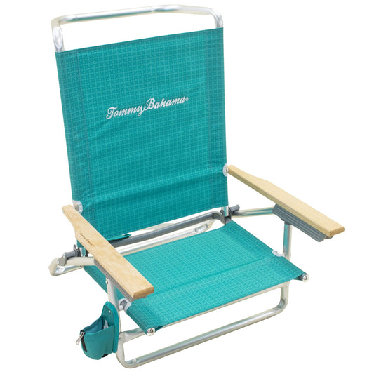 Tommy Bahama 5-Position Lay Flat Cup Holder and Towel Bar Beach Chair, 1-Pack, Turquoise Check