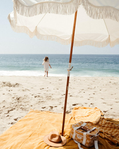 Business & Pleasure Co. Premium Beach Umbrella - Luxury Boho Beach Umbrella with White Fringe, UPF 50+ UV, Wood Pole, 6' x 7', Antique White