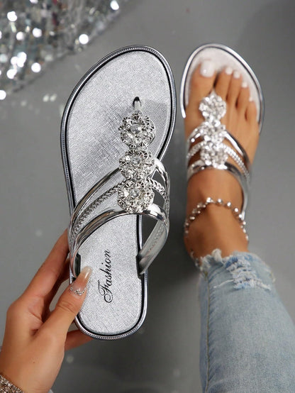 Floerns Women's Flat Sandals Flip Flop Sandals Summer Slip on Dressy Thong Sandal Silver 6
