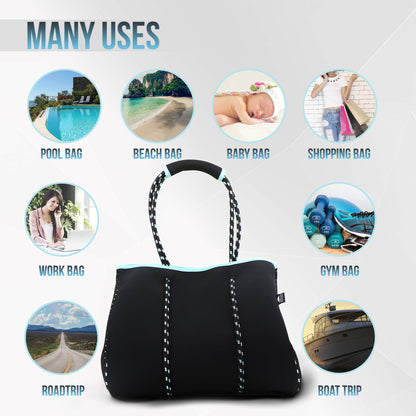 Nordic By Nature Large Designer Neoprene Beach Bag Tote For Women & Men Versatile Pool Bag With Zippered Pockets, For The Boat, Beach or Pool (Black/Turquoise)