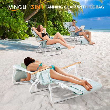 VINGLI Deluxe 3 in1 Beach Chair, Tanning Chair with Face Hole, Reclining Lounge with Foot Rest, Cup Holder and Storage Bag，Beach Lounge for Outdoor Pool-Yellow