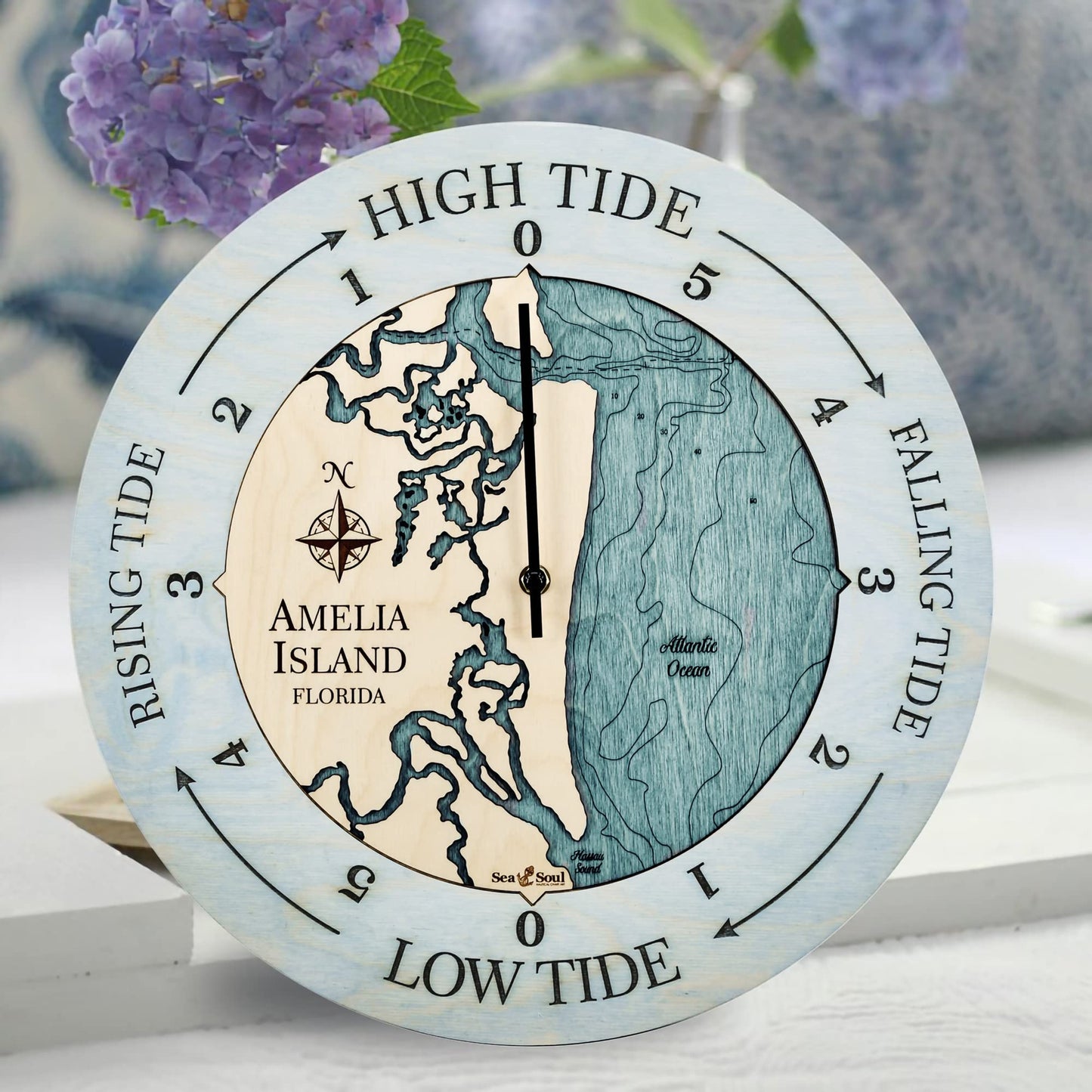 Sea & Soul Amelia Island Tide Clock, 3D Water Depth Tidal Clock, Nautical Map High Tide Clock, Fisherman Gift, Coastal Décor, Nautical Décor (Birch/Blue Green)