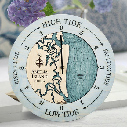 Sea & Soul Amelia Island Tide Clock, 3D Water Depth Tidal Clock, Nautical Map High Tide Clock, Fisherman Gift, Coastal Décor, Nautical Décor (Birch/Blue Green)