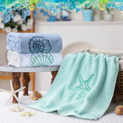 Hahafelt 3 Pack Coastal Hand Towels for Bathroom 100% Cotton Embroidered Beach Bathroom Towels 13.8 x 29.5'' Seashell Starfish Conch Blue Finger Towel Nautical Decorative Towel Gift for Summer Holiday