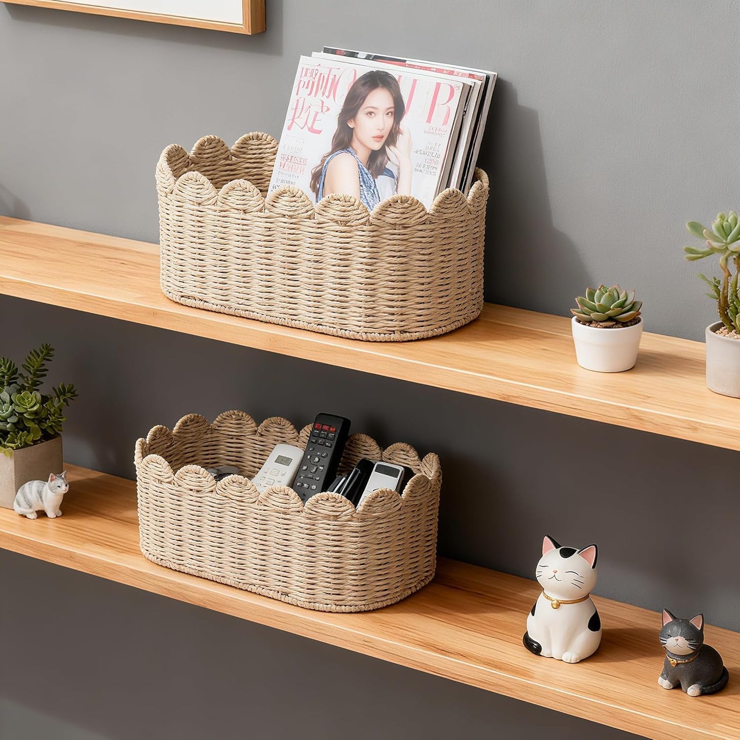 Scalloped Basket, Wicker Storage Baskets, Hand Woven Baskets for Shelves,Natural Baskets for Organizing (Paper rope(Ellipse-16"L x 10"W x 7"H))