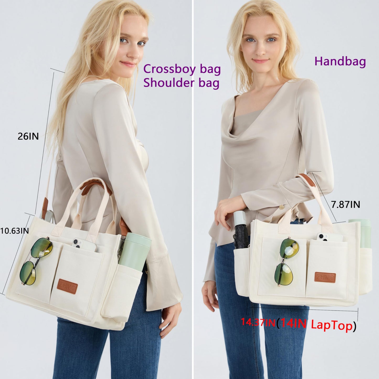 ZHMO Canvas Tote Bag for Women With Compartments and Zipper,White Women's Bags Crossbody Bags Work Laptop Tote Bag Large Satchels Handbag Tote Purse Everyday Shoulder Bag for Travel Nurse Teacher Gift