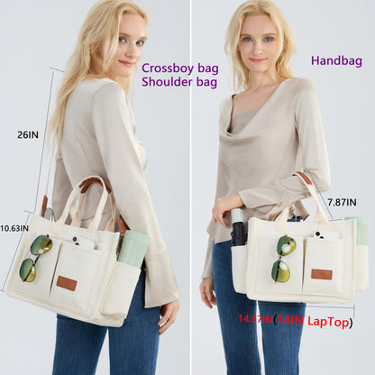 ZHMO Canvas Tote Bag for Women With Compartments and Zipper,White Women's Bags Crossbody Bags Work Laptop Tote Bag Large Satchels Handbag Tote Purse Everyday Shoulder Bag for Travel Nurse Teacher Gift