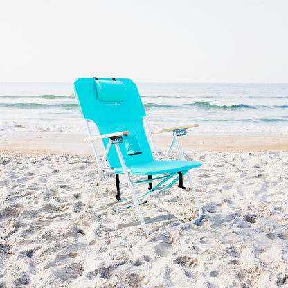 CARIBBEAN JOE Folding Beach Sand Chair, 4 Position Recline, High Seat, Portable Backpack Carry Straps, Foldable, Camping, Headrest, Cup Holder, and Wooden Armrests, 300 lb Capacity, Teal