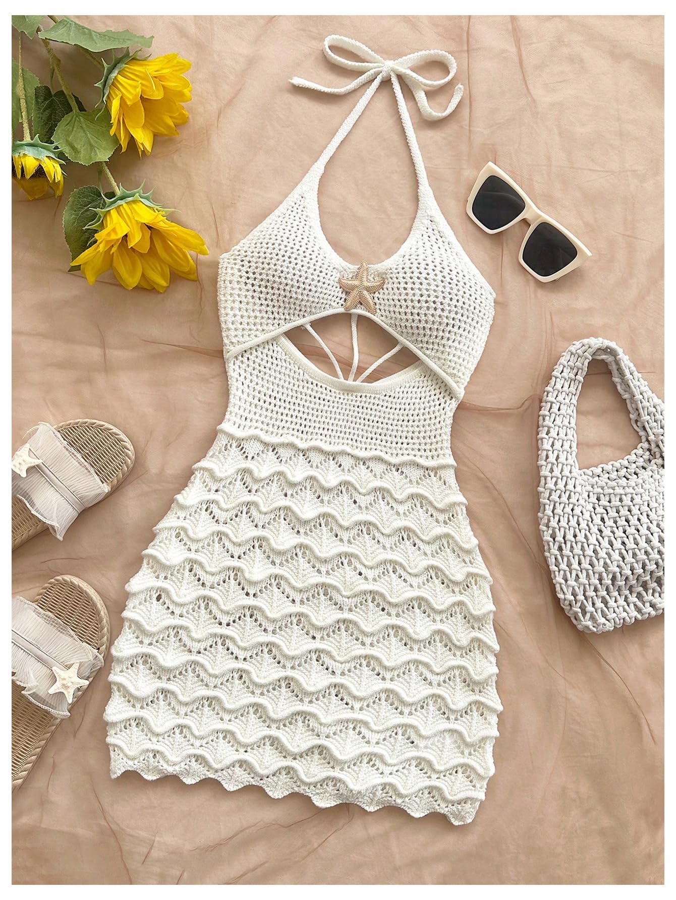 GORGLITTER Women's Crochet Halter Knit Bubble Backless Dresses Summer Vacation Festival Cruise Hawaii Beach Outfits White Textured Large