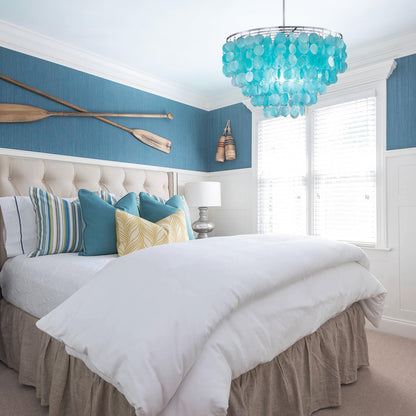 Wellmet Natural Capiz Shell Chandelier, 6 Lights Coastal Modern Blue Capiz Chandelier Pendant Lighting, Hanging Round Layered Chandelier for Living Room, Bedroom, Kitchen, Foyer, 23.62” D