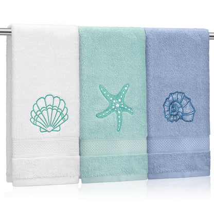 Hahafelt 3 Pack Coastal Hand Towels for Bathroom 100% Cotton Embroidered Beach Bathroom Towels 13.8 x 29.5'' Seashell Starfish Conch Blue Finger Towel Nautical Decorative Towel Gift for Summer Holiday