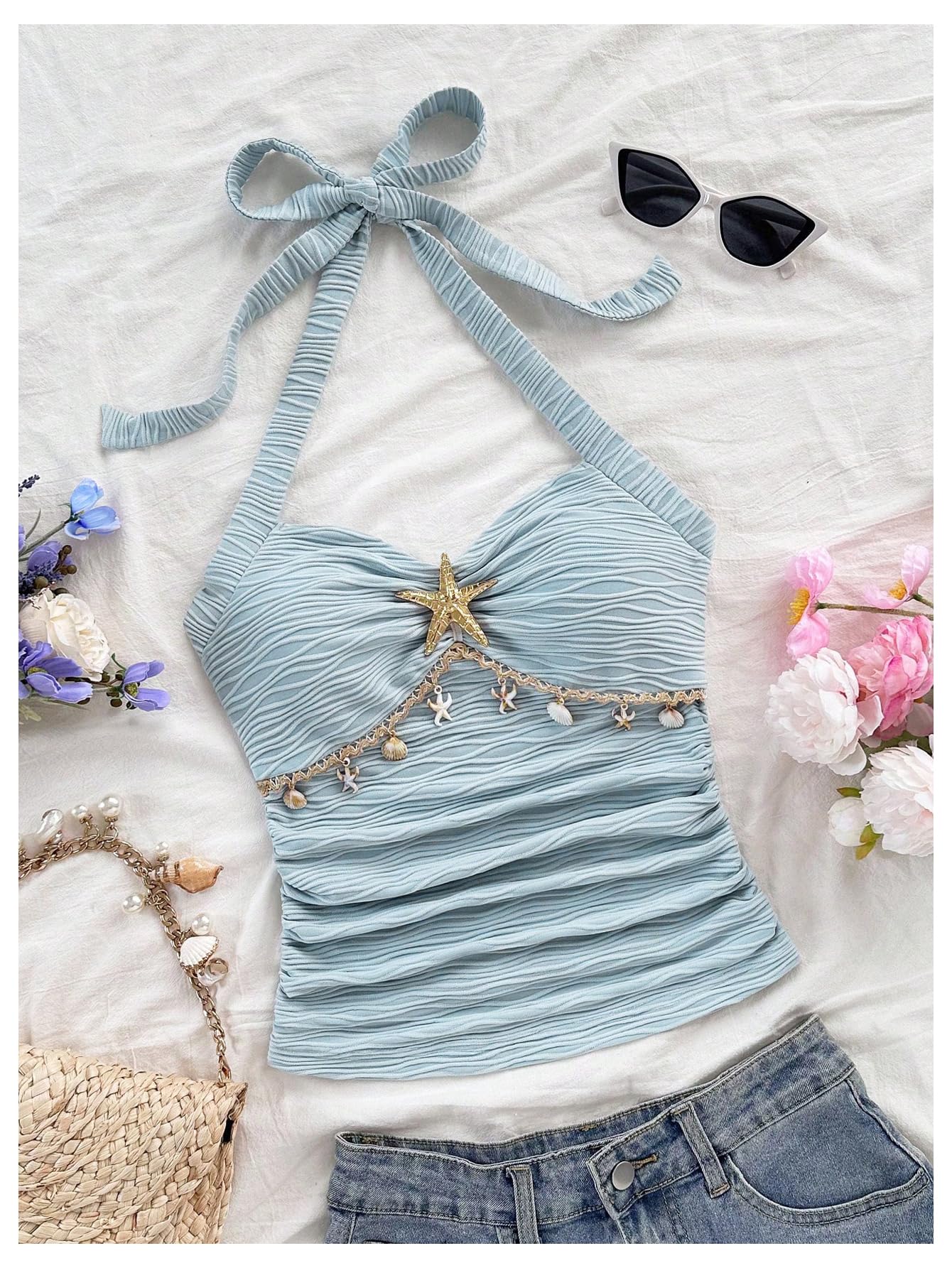 SweatyRocks Women's Backless Textured Halter Tops Starfish Shell Sleeveless Summer Tank Tops Light Blue Large