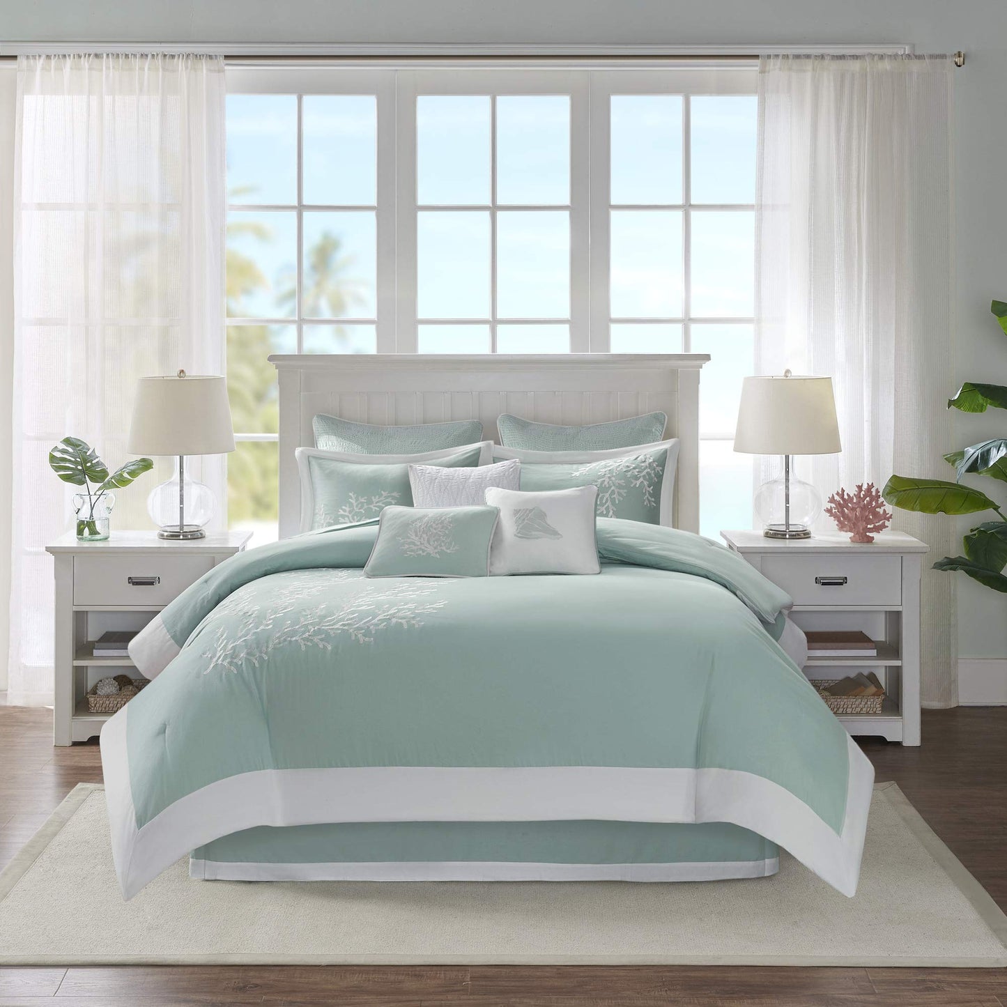 Harbor House Cotton Comforter Set - Coastal Oceanic Sealife Design, All Season Down Alternative Bedding with Matching Shams, Bedskirt, Queen(92"x96"), Coastline, Coral Aqua, 4 Piece