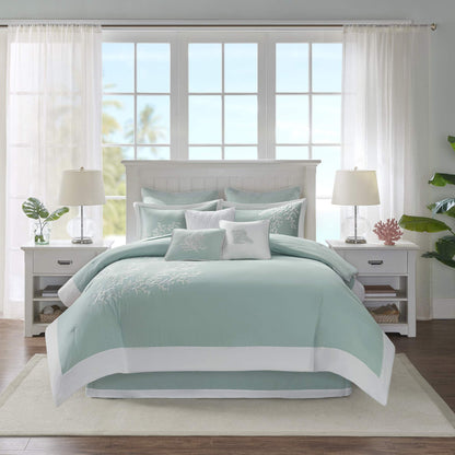 Harbor House Cotton Comforter Set - Coastal Oceanic Sealife Design, All Season Down Alternative Bedding with Matching Shams, Bedskirt, Queen(92"x96"), Coastline, Coral Aqua, 4 Piece