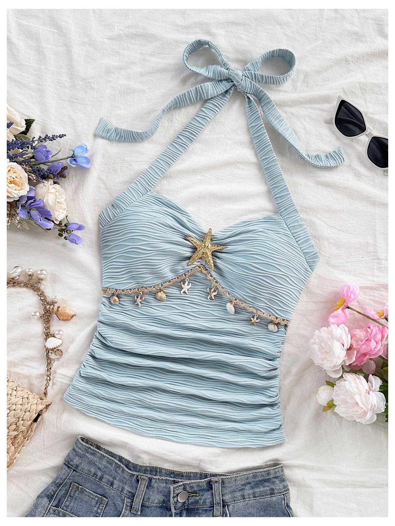 SweatyRocks Women's Backless Textured Halter Tops Starfish Shell Sleeveless Summer Tank Tops Light Blue Large