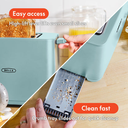 BELLA 2 Slice Toaster with Auto Shut Off - Extra Wide Slots & Removable Crumb Tray and Cancel, Defrost & Reheat Function - Toast Bread, Bagel & Waffle, Aqua
