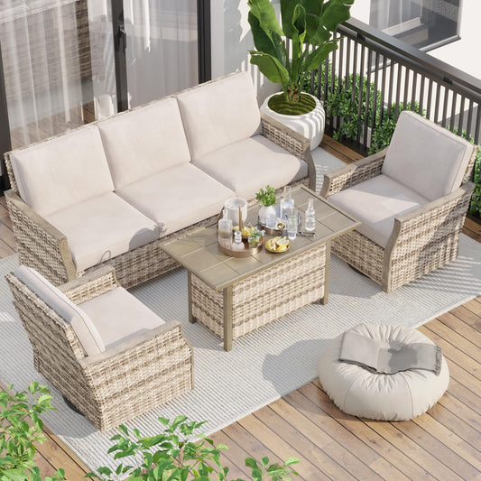 MELLCOM 4 Pieces Outdoor Patio Furniture Set with Swivel Chairs, All Weather Rattan Wicker Patio Conversation Set with 3-Seater Sofa, Coffee Table for Patio, Balcony, Porch, Deck