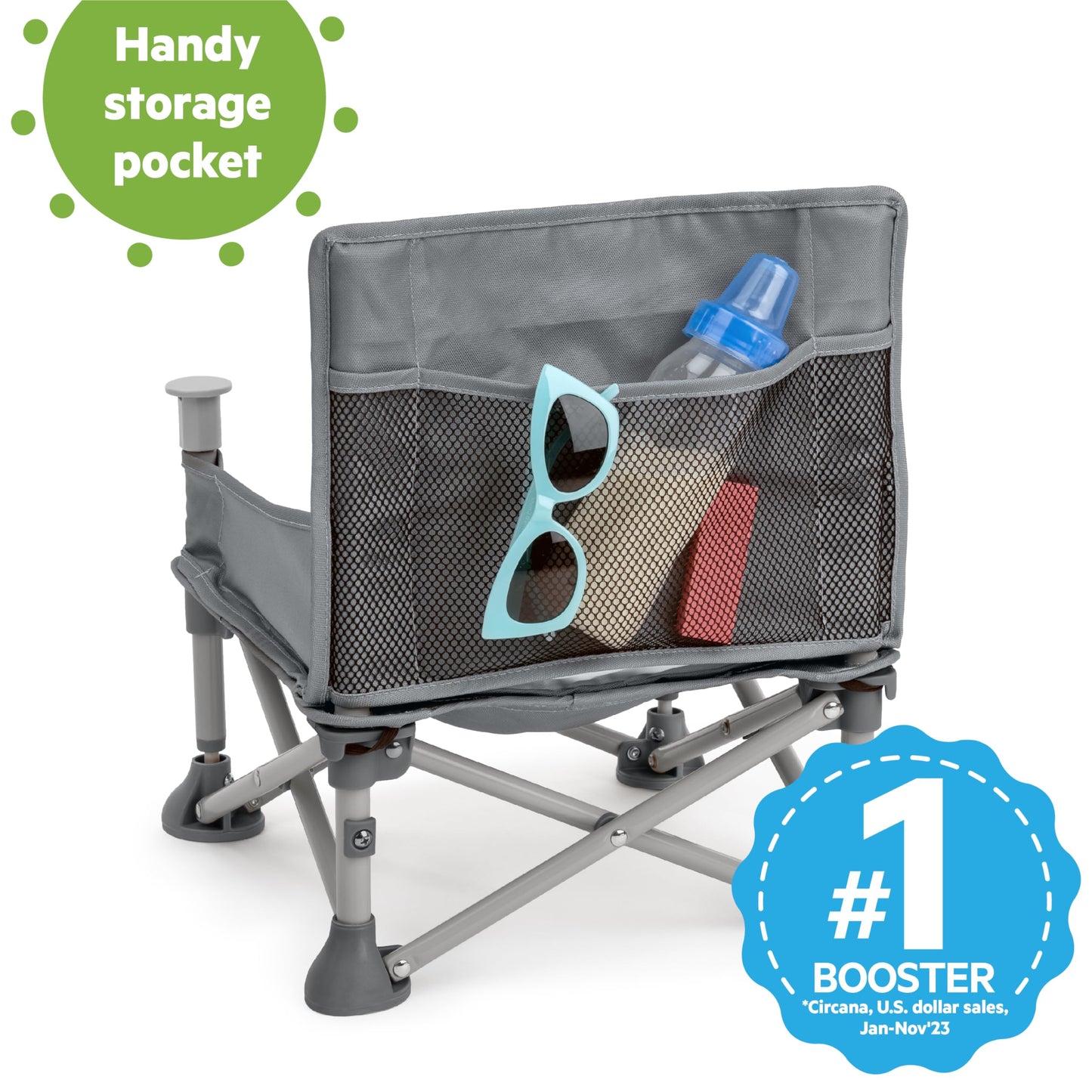 Bright Starts Pop 'N Sit Portable Booster, Indoor/Outdoor Use, Floor Seat with Feeding Tray, Grey, 6 Mos - 3 Yrs