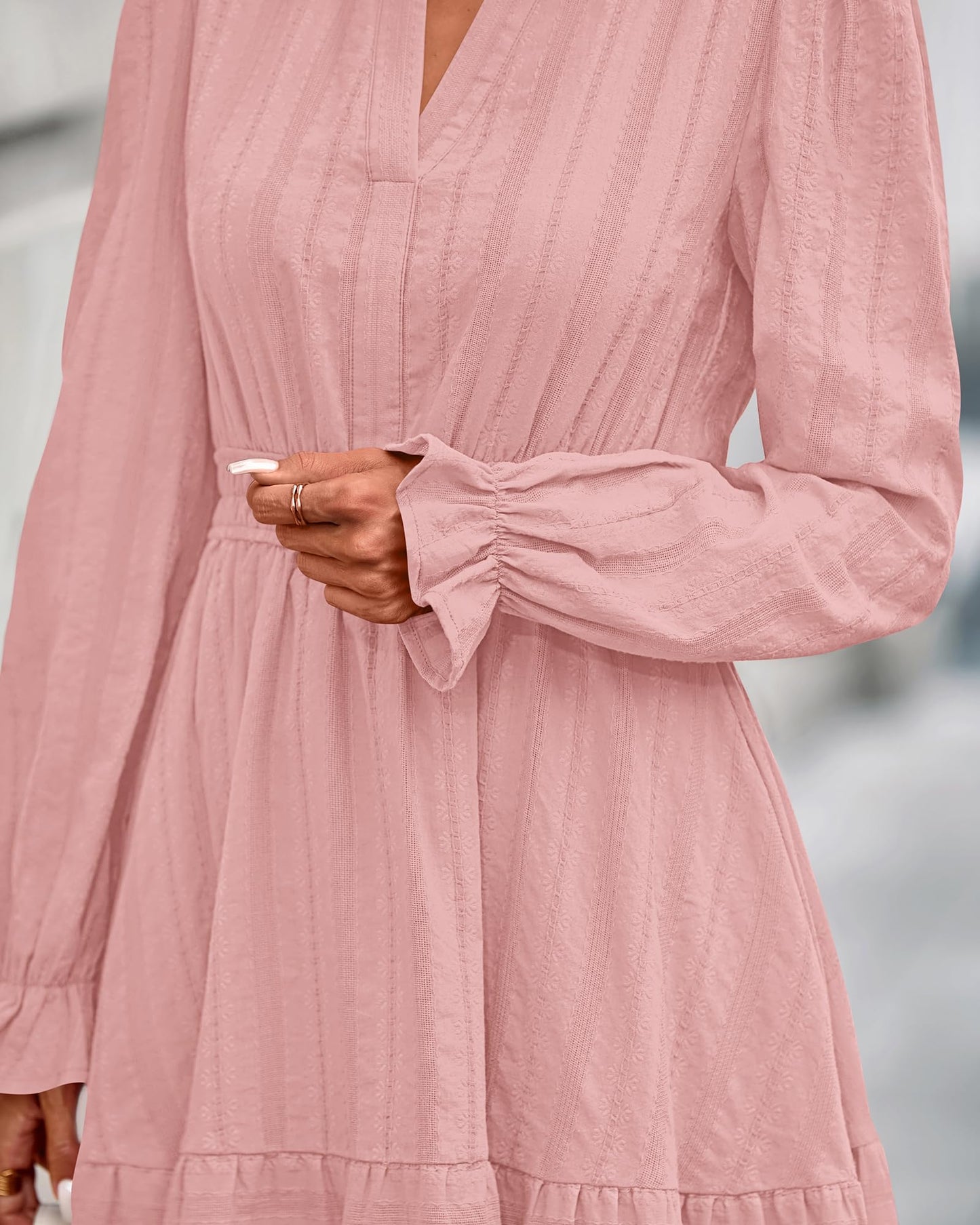 BTFBM Mini Dresses for Women 2026 Casual Lightweight Long Sleeve V Neck A Line Elastic Waist Party Holiday Dress(Pink, XX-Large)