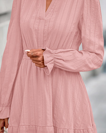BTFBM Mini Dresses for Women 2026 Casual Lightweight Long Sleeve V Neck A Line Elastic Waist Party Holiday Dress(Pink, XX-Large)