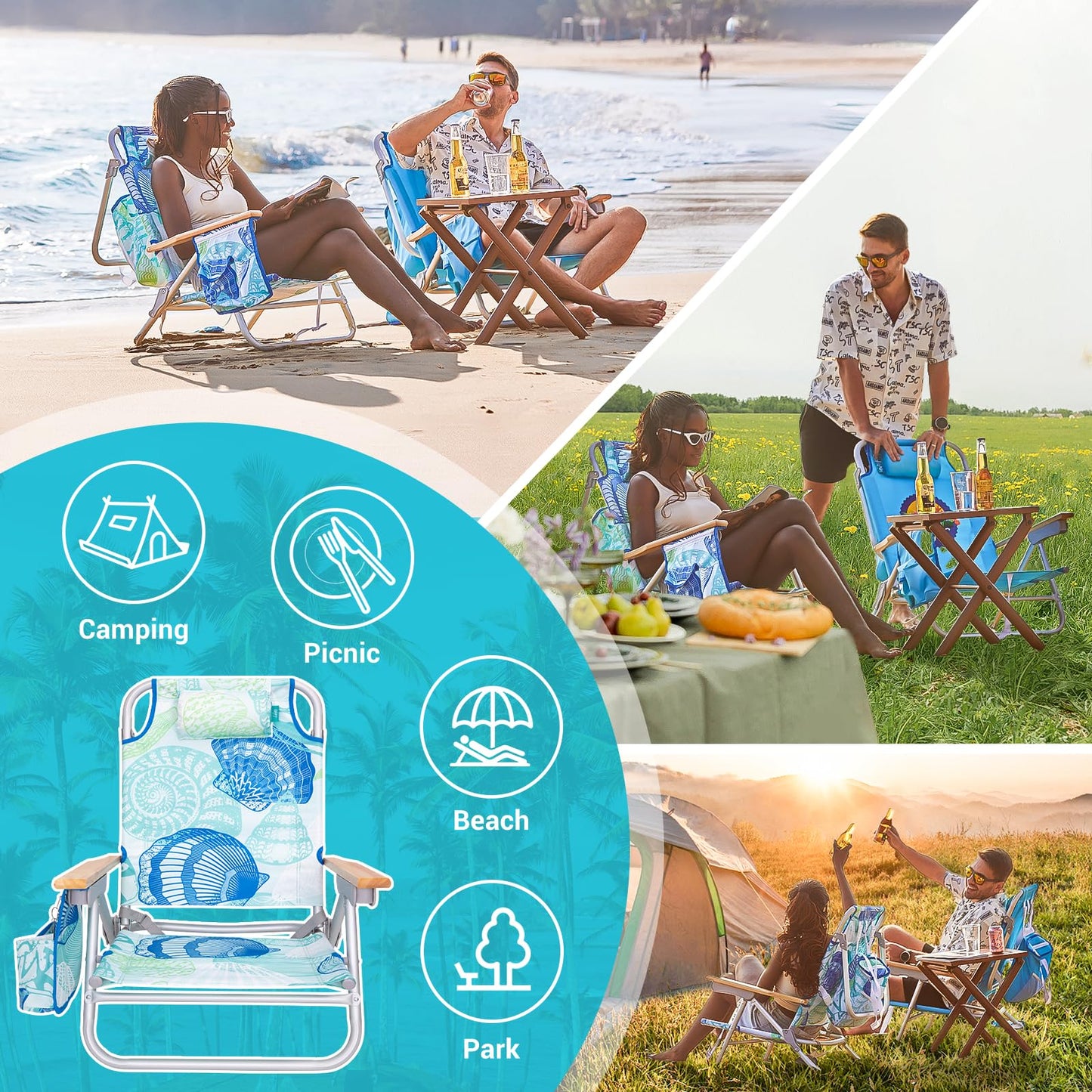 #WEJOY Beach Chair with 4 Positions for Adults Portable Backpack Aluminum Beach Chair with Wooden Armrest Lightweight Folding Chairs with Back Pocket Bag for Lawn Pool Patio Camping (Cyan Green)